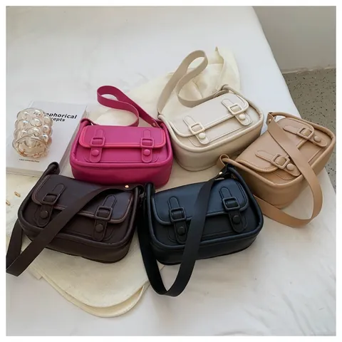 Women Vintage PU Leather Square Flap Shoulder Bag Double Belt Buckle Decor Minimalism Solid Color Crossbody Bag For Daily