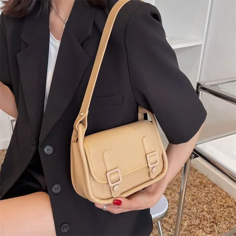 Women Vintage PU Leather Square Flap Shoulder Bag Double Belt Buckle Decor Minimalism Solid Color Crossbody Bag For Daily