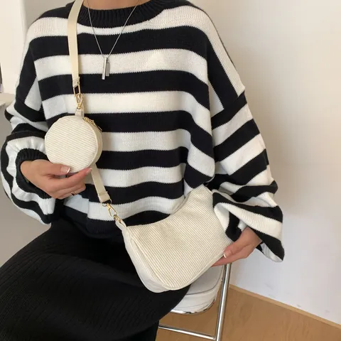 Vintage Corduroy Shoulder Bag For Women Set Zebra Print Denim Jacquard Crossbody Bag Underarm Purse With Mini Round Pouch
