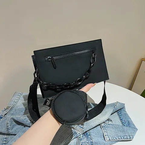 Women Minimalist PU Leather Small Crossbody Bag Set With Detachable Mini Round Purse And Black Thick Chain Strap Casual Urban Fashion Shoulder Square Bag