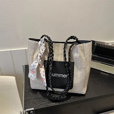 Damen Große Kapazität Gewebte Stroh Tote Tasche Sommer Strand Schultertasche Mit Dekorativem Schal Mode Urlaub Handtasche