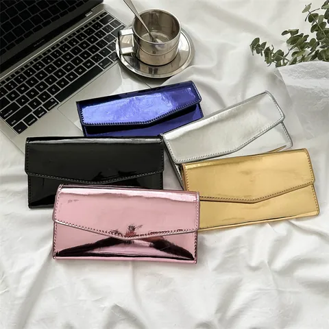 Portafoglio Lungo da Donna in Pelle PU con Finitura a Specchio Metallica Borsa Clutch a Busta con Chiusura Magnetica per Feste e Uso Quotidiano