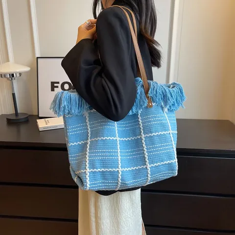 Damen Strick Gittermuster Fransen Einkaufstasche Große Kapazität Wollgarn Schultertasche Mode Sommer Casual Handtasche Shopping Reise