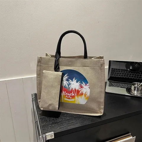 Women Large Capacity Jute Linen Tote Bag Summer Beach Vacation Shoulder Bag With Top Handle And Small Pouch Tropical Prints Handbag