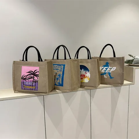 Women Large Capacity Jute Linen Tote Bag Summer Beach Vacation Shoulder Bag With Top Handle And Small Pouch Tropical Prints Handbag