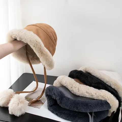 Women Winter Warm Faux Suede Bucket Hat With Pom Pom Ties Thickened Plush Earflap Hat Windproof Fur Trimmed Basin Cap