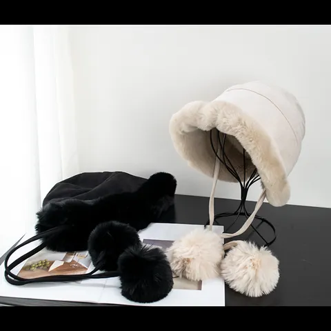 Women Winter Warm Faux Suede Bucket Hat With Pom Pom Ties Thickened Plush Earflap Hat Windproof Fur Trimmed Basin Cap