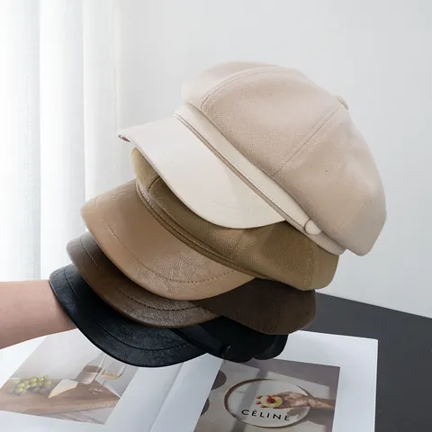 Women Vintage Woolen Patchwork Newsboy Cap Autumn Winter Warm Octagonal Baker Boy Hat With Button Detail Peak Cap Accessory