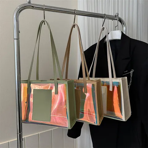 Damen Holografische PVC Laser Tote Bag Große Kapazität Transparente Umhängetasche Street Fashion Handtasche Tägliche Einkaufstasche