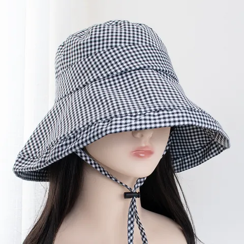 Women Houndstooth Bucket Hat Cotton Wide Brim Sun Protection Foldable Fisherman Hat With Adjustable Windproof Rope Vintage Style