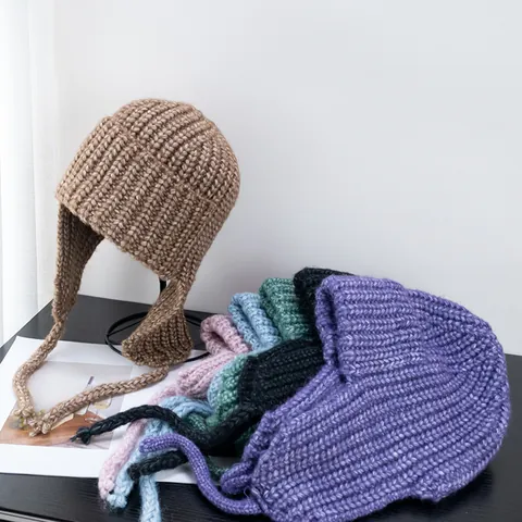 Women Winter Warm Knit Ear Protection Hat Ribbed Acrylic Thick Chunky Knit Balaclava Hat With Long Ties For Outdoor Daily