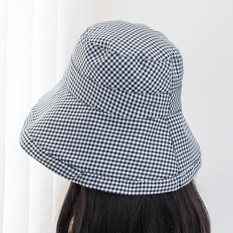 Women Houndstooth Bucket Hat Cotton Wide Brim Sun Protection Foldable Fisherman Hat With Adjustable Windproof Rope Vintage Style