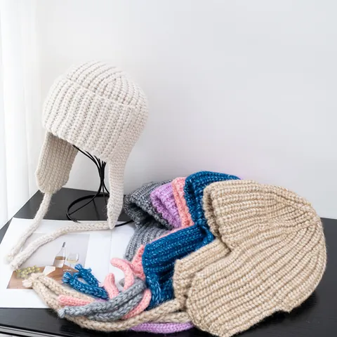 Women Winter Warm Knit Ear Protection Hat Ribbed Acrylic Thick Chunky Knit Balaclava Hat With Long Ties For Outdoor Daily