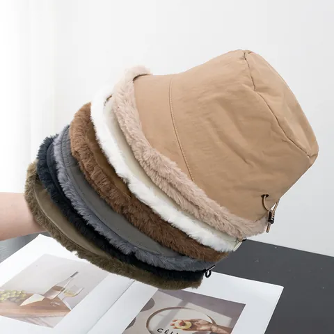 Women Winter Warm Fleece Lined Bucket Hat Windproof Faux Fur Trim Plush Fisherman Hat Adjustable Drawstring Casual Cold Weather Fashion Cap
