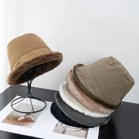 Women Winter Warm Fleece Lined Bucket Hat Windproof Faux Fur Trim Plush Fisherman Hat Adjustable Drawstring Casual Cold Weather Fashion Cap