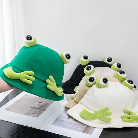 Cute Frog 3D Eyes Bucket Hat For Women Kids Cotton Sun Protection Foldable Fisherman Hat Sweet Cartoon Animal Outdoor Beach Cap
