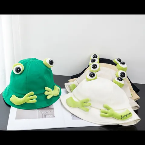 Cute Frog 3D Eyes Bucket Hat For Women Kids Cotton Sun Protection Foldable Fisherman Hat Sweet Cartoon Animal Outdoor Beach Cap
