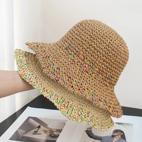 Women's Crochet Straw Hat Summer Hollow Out Sun Protection Wide Brim Beach Hat Breathable Colorful Thread Woven Vacation Chic Paper Straw Sun Hat