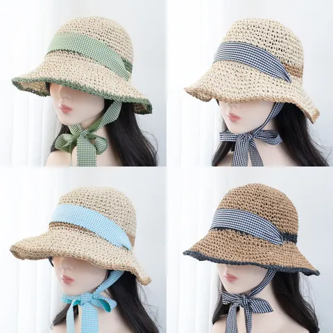 Chapeau de Soleil en Paille pour Femme Nœud Plaid Style Japonais Doux Large Bord Pliable Respirant Chapeau de Plage Vacances