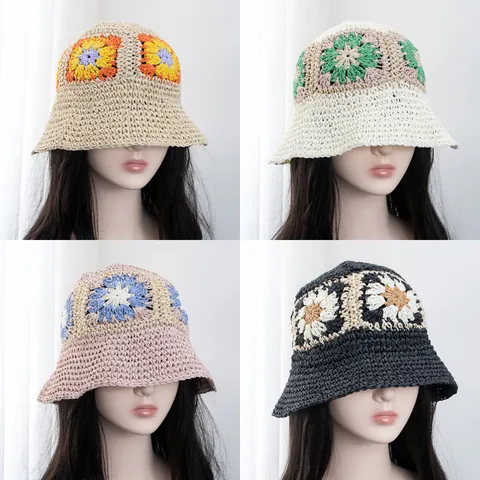 Cappello a Secchiello in Paglia di Carta Fatto a Mano Donna Protezione Solare Pieghevole da Spiaggia Motivo Floreale Moda