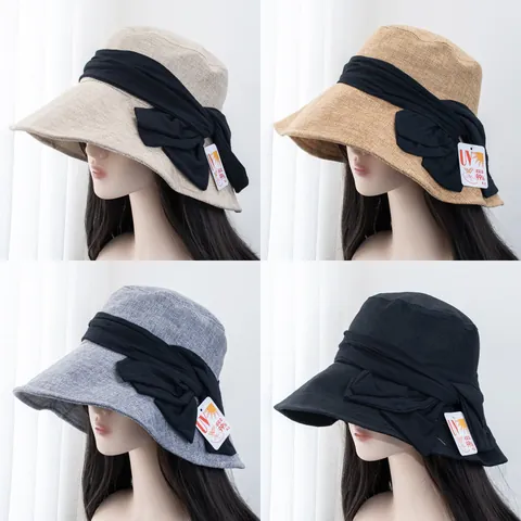 Women UV Protection Sun Hat Large Bow Foldable Bucket Hat Wide Brim Cotton Linen Fisherman Hat Summer Beach Sunshade Cap