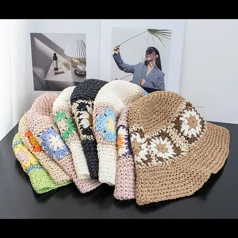 Cappello a Secchiello in Paglia di Carta Fatto a Mano Donna Protezione Solare Pieghevole da Spiaggia Motivo Floreale Moda