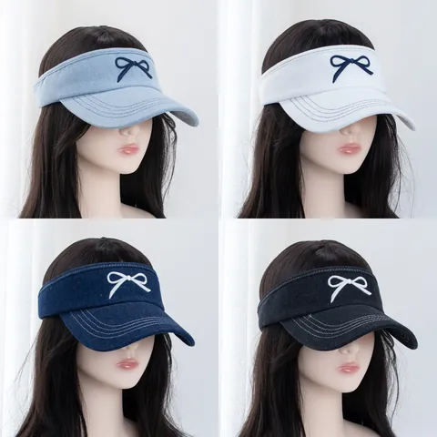 Women Sweet Bow Embroidery Denim Visor Cap Summer Outdoor Sports Sunscreen Breathable Open Top Adjustable Sun Hat
