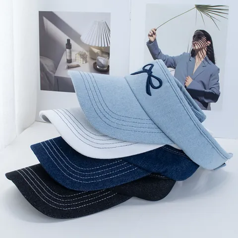 Women Sweet Bow Embroidery Denim Visor Cap Summer Outdoor Sports Sunscreen Breathable Open Top Adjustable Sun Hat