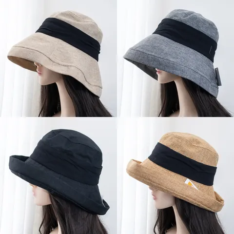 Dames Hepburn Stijl Zonnenhoed Brede Rand UV-Bescherming 99% Opvouwbaar Katoen Linnen Vissershoed Elegante Zomer Strandhoed