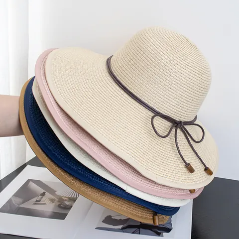 Women Wide Brim Straw Sun Hat Foldable Bow Beach Cap UV Protection Summer Packable Travel Elegant Woven Straw Hat