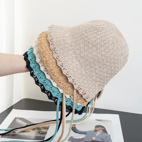 Cappello da Pescatore a Uncinetto da Donna Con Bordo a Onde Cappello da Sole in Paglia Traforato Stringato per Spiaggia Viaggio
