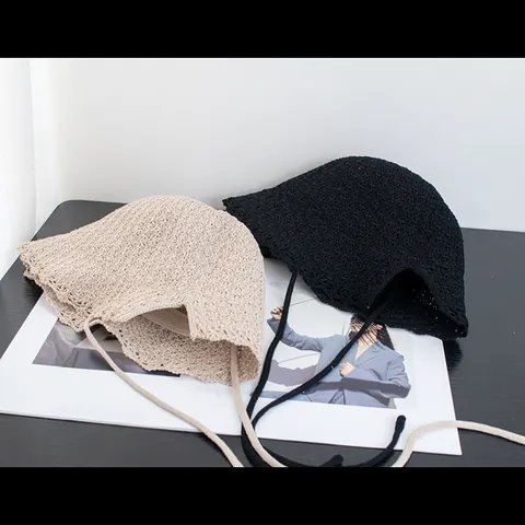 Cappello da Pescatore a Uncinetto da Donna Con Bordo a Onde Cappello da Sole in Paglia Traforato Stringato per Spiaggia Viaggio