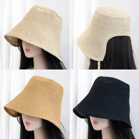 Women Sun Protection Straw Woven Bucket Hat Wide Brim Breathable Summer Beach Sunscreen Hat With Ribbon Casual Retro Flat Top Cap