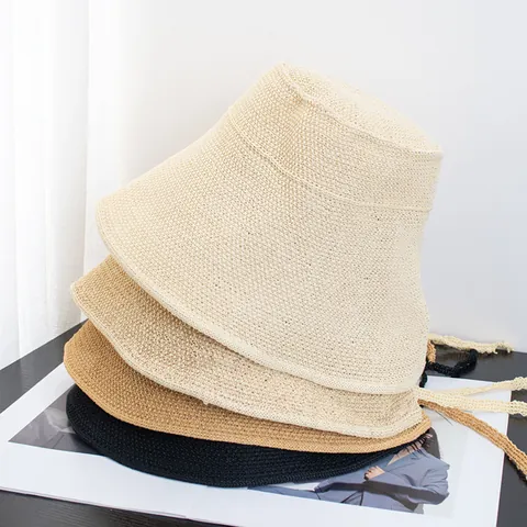 Women Sun Protection Straw Woven Bucket Hat Wide Brim Breathable Summer Beach Sunscreen Hat With Ribbon Casual Retro Flat Top Cap
