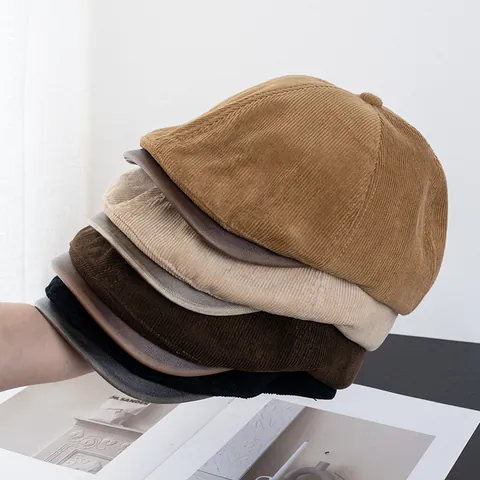 Vintage Corduroy Newsboy Cap For Women Faux Leather Patchwork Flat Cap British Style Octagonal Hat Winter Warm Beret