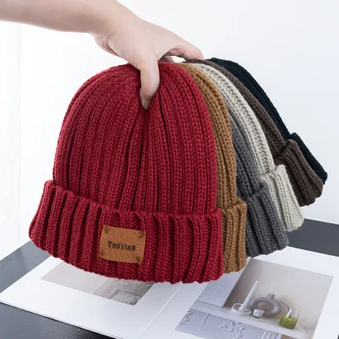 Vintage Ribbed Knit Beanie Acrylic Warm Winter Cold Cap With Leather Patch Distressed Solid Color Casual Hat For Men Women