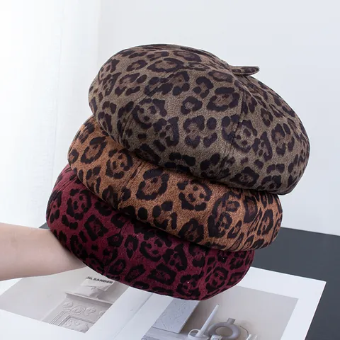 Basco Vintage con Stampa Leopardata da Donna Cappello da Pittore in Lana Calda Invernale Berretto a Zucca Regolabile alla Moda