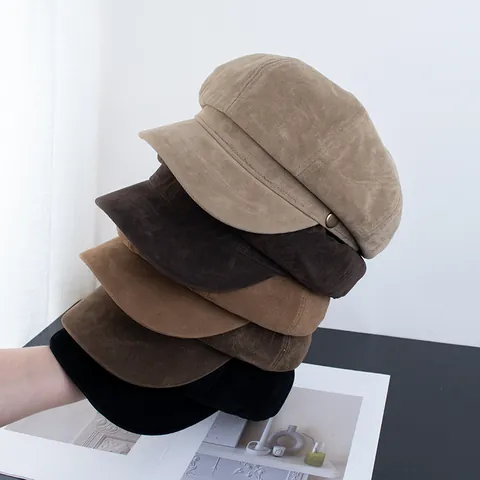 Vrouwen Retro Faux Suède Newsboy Pet Achtkantige Schildershoed Herfst Winter Warm Effen Kleur Baret Met Metalen Gesp