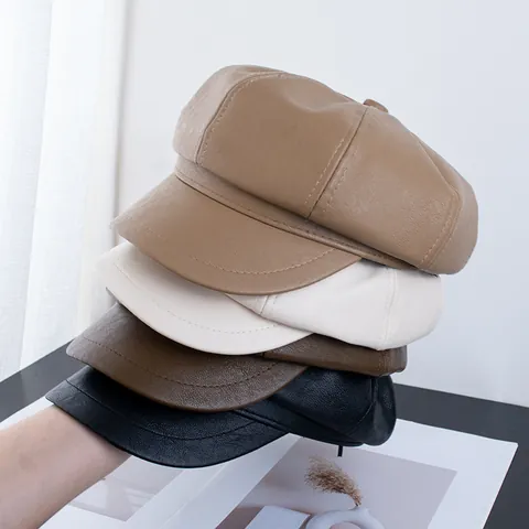 Vintage PU-Leder Schiebermütze Für Damen Einfarbig Achteckiger Malermütze Retro Britischer Stil Verstellbarer Baker Boy Hut