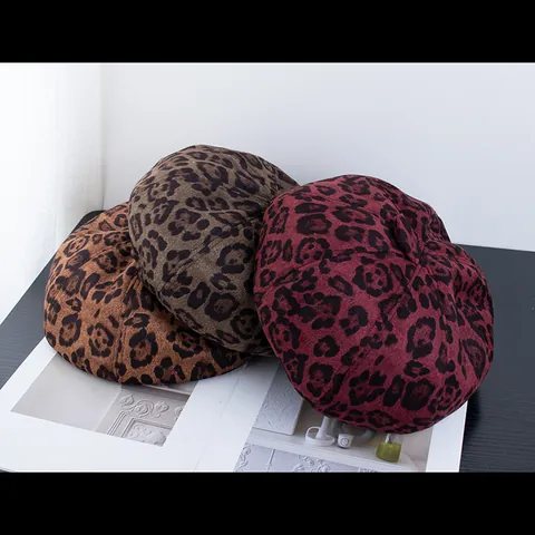 Basco Vintage con Stampa Leopardata da Donna Cappello da Pittore in Lana Calda Invernale Berretto a Zucca Regolabile alla Moda