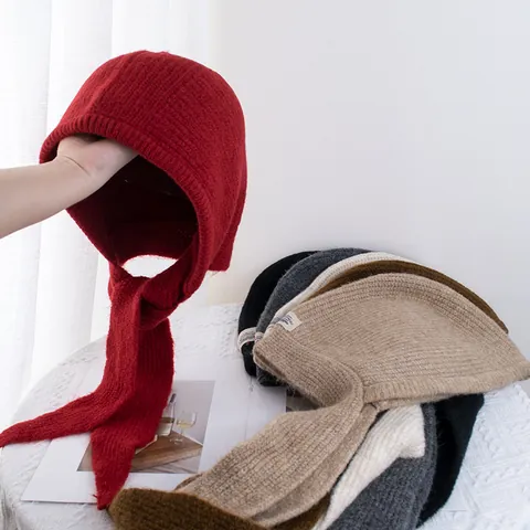 Pasamontañas de Punto Acrílico para Mujer Gorro Bufanda Integrado Cálido Resistente al Viento Invierno Ciclismo Exterior Moda Gorro con Cordones