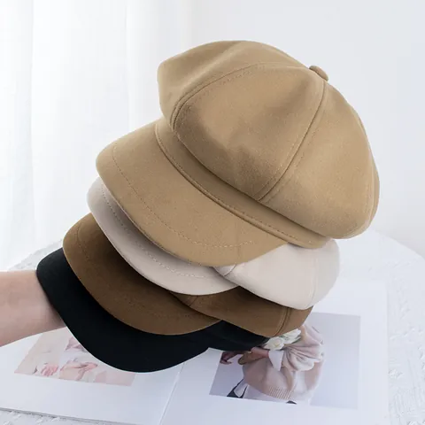 Vintage Woolen Newsboy Cap For Women Solid Color Autumn Winter Warm Octagonal Painter Hat Retro Beret With Short Brim