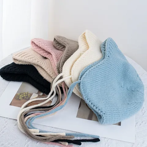 Women Knitted Earflap Hat Winter Warm Beanie Pilot Trapper Hat With Tie Straps Solid Color Retro Thick Woolen Crochet Hat
