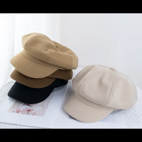 Vintage Woolen Newsboy Cap For Women Solid Color Autumn Winter Warm Octagonal Painter Hat Retro Beret With Short Brim