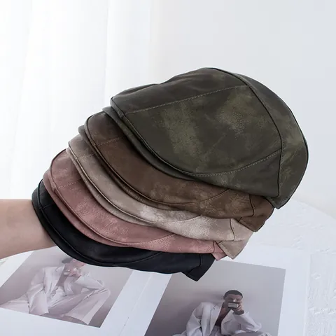 Boina de Cuero PU Estilo Retro American Street para Mujer Gorra Ajustable Color Sólido Accesorio de Moda Flat Top