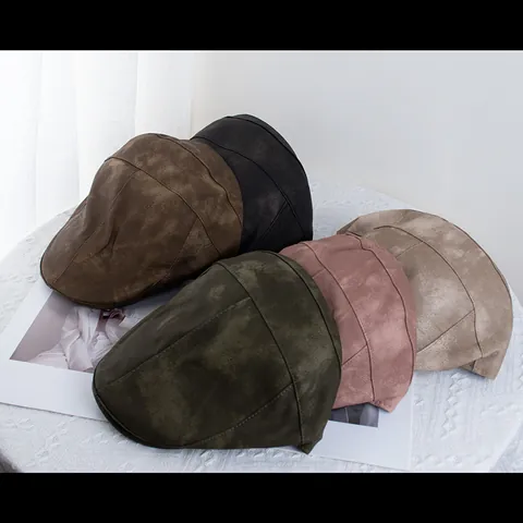 Boina de Cuero PU Estilo Retro American Street para Mujer Gorra Ajustable Color Sólido Accesorio de Moda Flat Top