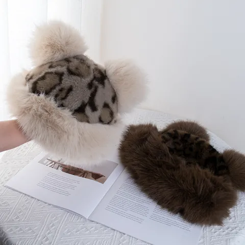 Vintage Leopard Print Faux Fur Plush Mongolian Hat With Ears Thickened Warm Winter Ear Protection Bucket Hat For Unisex