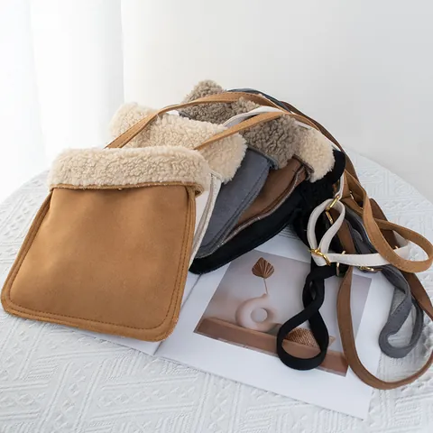 Korean Style Faux Suede Lamb Wool Crossbody Phone Bag For Women Autumn Winter Plush Small Square Bag Casual Shoulder Bag