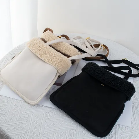 Korean Style Faux Suede Lamb Wool Crossbody Phone Bag For Women Autumn Winter Plush Small Square Bag Casual Shoulder Bag