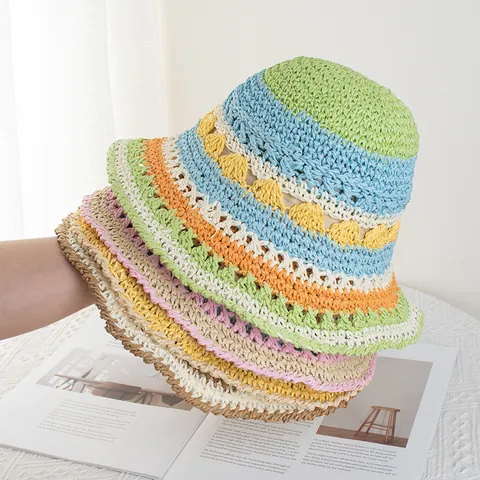 Women Handmade Crochet Rainbow Striped Straw Bucket Hat Hollow Out Wavy Brim Summer Beach Sun Protection Vacation Sunhat